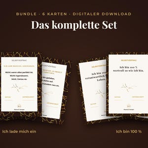 Könnte beinhalten: Ein digitales Download-Paket mit sechs Karten und dem Text Das komplette Set. Jede Karte hat eine weiße Mitte mit schwarzem Text, eine goldene Liniengrafik und einen dunkelbraunen Rand mit einem goldenen Rissmuster.