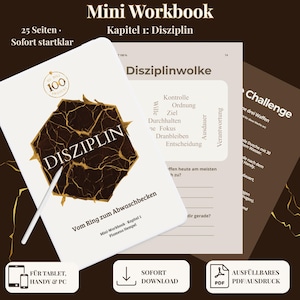 Può includere: Un mini quaderno di esercizi digitale intitolato Disziplin con una grafica in marmo nero e oro sulla copertina. Le pagine contengono testo in tedesco, tra cui Disziplinwolke e Challenge, con righe per scrivere. Le icone indicano la compatibilità con tablet, telefoni e PC.