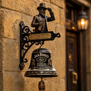 Può includere: Un'insegna in metallo montata a parete con una figura in bronzo di un uomo con cilindro che tiene una bottiglia, sopra una campana nera. L'insegna riporta il testo Jack Daniel's 1866-2016 150th Anniversary e Jack Daniel's Old No. 7 Tennessee Whiskey 160 Years of Craft.