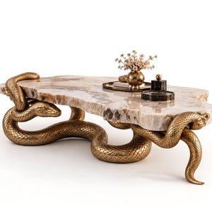 Puede incluir: Una mesa de centro con un tablero de mármol beige y blanco de forma irregular, sostenido por una base esculpida como dos serpientes doradas entrelazadas. La superficie de la mesa contiene un pequeño jarrón dorado con flores y una caja de mármol negro.