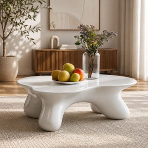 May include: A low, white coffee table with a smooth, organic, kidney-bean shape and thick, rounded legs. A small white plate sits on the centre of the table, holding a cluster of yellow, green, and orange fruits next to a clear glass vase.