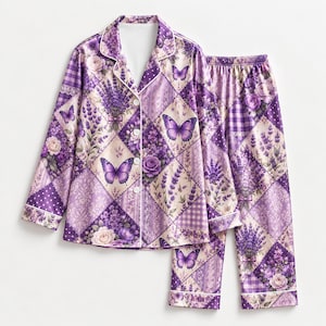 Conjunto de pijama de satén con mariposas de lavanda morada, pijama de manga larga con estampado floral, pijama estilo cottagecore vintage, regalo acogedor para mujer.