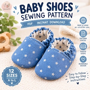 Baby Shoes Sewing Pattern PDF, Reversible Baby Booties, 12 Sizes, Printable Soft Sole Shoes, Instant Download, A4 US Letter Legal
