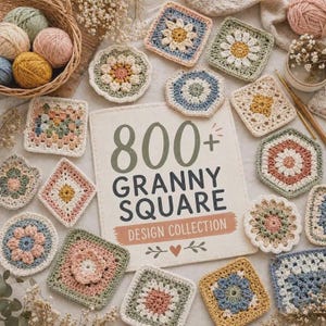 Puede incluir: Una colección de varios cuadrados de ganchillo con patrones florales y geométricos que rodean un libro central titulado 800+ GRANNY SQUARE DESIGN COLLECTION. Los cuadrados presentan tonos suaves de hilo rosa, azul, verde y amarillo.