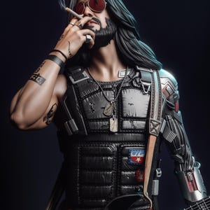 Peut inclure: Une figurine détaillée d'un personnage barbu aux cheveux longs portant des lunettes teintées, un gilet tactique noir avec des écussons et des plaques d'identité. La figurine présente un bras cybernétique métallique, des bagues et une cigarette.
