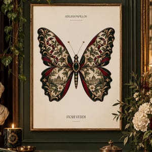 Arte Borboleta Verde Fiori Verdi | Estampa Botânica de Cobra | Decoração Italiana em Tons de Joia