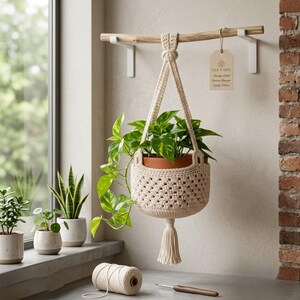 May include: A cream-coloured crocheted plant hanger with a tassel, holding a green leafy plant in a terracotta pot. It hangs from a wooden rod mounted on white brackets. A tag reads SILK & SOIL Handcrafted Pother Hanger 100% Cotton.
