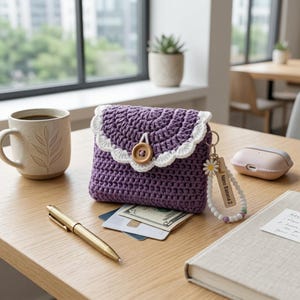 Può includere: Una pochette all'uncinetto viola con bordo smerlato bianco e chiusura con bottone in legno. È attaccato un portachiavi di perline con un ciondolo a margherita e un'etichetta con scritto Nano Banana 2. La pochette è vicino a una tazza, una penna e carte.
