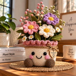 Puede incluir: Un arreglo floral de ganchillo en una maceta color crema con cara sonriente, mejillas rosadas y pies marrones. La maceta tiene un borde rosa con volantes y una etiqueta de madera en forma de corazón que dice Handmade with Love.