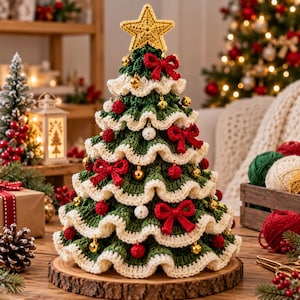 Könnte beinhalten: Eine gehäkelte Weihnachtsbaumdekoration mit gestuften grünen Schichten und gerüschten cremefarbenen Rändern. Der Baum ist mit kleinen roten gehäkelten Kugeln, glänzenden goldenen Ornamenten und roten Garnschleifen verziert und hat einen gelben Stern.