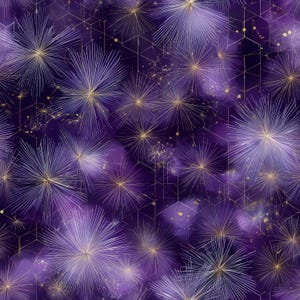 May include: A seamless pattern featuring a deep purple background with a geometric hexagonal grid overlay. The design is decorated with numerous white and gold starburst or dandelion-like floral motifs, accented by small gold speckles.