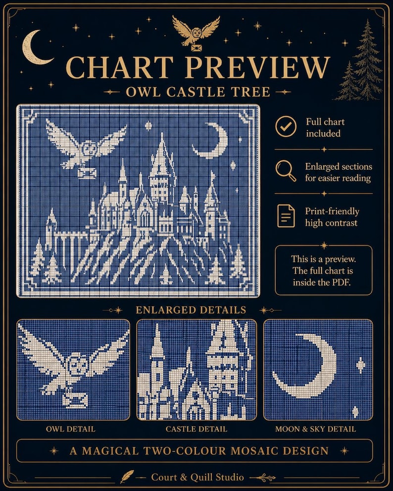 May include: A cross-stitch pattern chart titled OWL CASTLE TREE featuring a dark blue grid with a white design of a castle, a flying owl carrying a letter, and a crescent moon. Includes enlarged detail boxes and text stating full chart included.