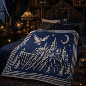 May include: A dark blue and cream crocheted blanket featuring a detailed castle silhouette, a flying owl carrying a letter, a crescent moon, and pine trees. The design is framed by a geometric border. The text OWL CASTLE TREE is visible.