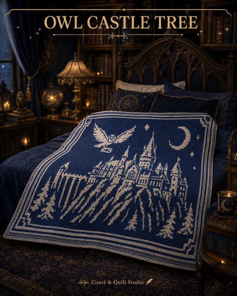 May include: A dark blue and cream crocheted blanket featuring a detailed castle silhouette, a flying owl carrying a letter, a crescent moon, and pine trees. The design is framed by a geometric border. The text OWL CASTLE TREE is visible.