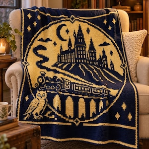 May include: A navy blue and cream-colored crochet blanket featuring a circular design with a castle on a hill, a steam train crossing a bridge, a crescent moon, stars, and an owl. The rectangular blanket has a decorative border and intricate stitching.
