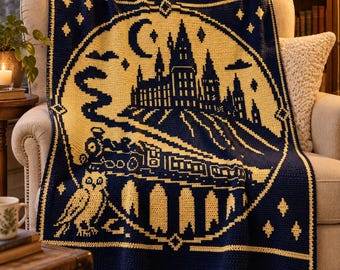 Overlay Mosaic Crochet Blanket Pattern, Moonlit Castle Express Two-Colour Fantasy PDF