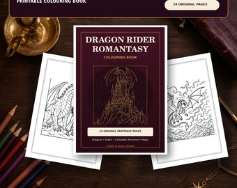 Dragon Rider Romantasy Coloring Book Printable, 24 Fantasy Dragon Pages PDF