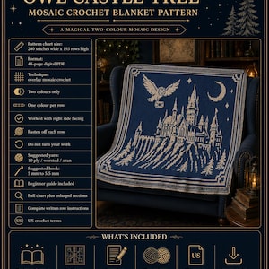 May include: A digital PDF crochet pattern titled Owl Castle Tree Mosaic Crochet Blanket Pattern. The design features a dark blue blanket with a cream-colored graphic of a castle, an owl, and a crescent moon. Includes technical specifications.
