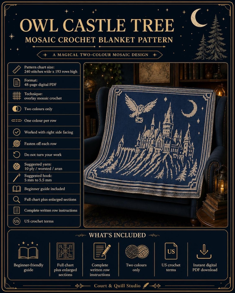 May include: A digital PDF crochet pattern titled Owl Castle Tree Mosaic Crochet Blanket Pattern. The design features a dark blue blanket with a cream-colored graphic of a castle, an owl, and a crescent moon. Includes technical specifications.