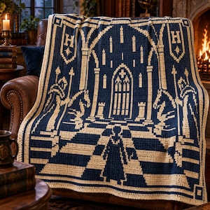 Pode incluir: Uma manta de crochê retangular com um design bicolor em azul-marinho e creme. O padrão retrata um grande salão interior com portas em arco, pilares altos, estátuas de cavaleiros e uma figura central sobre um piso xadrez.