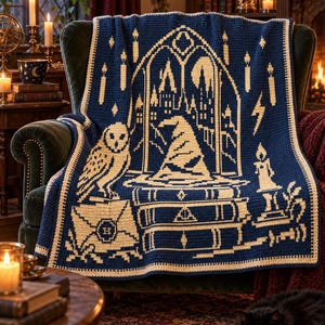 Può includere: Una coperta all'uncinetto blu scuro e crema con un disegno centrale raffigurante un cappello a punta su una pila di libri, un gufo su una busta, un fulmine, una candela e la sagoma di un castello incorniciata da un arco gotico.