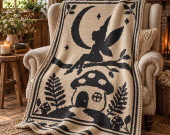 Fairy Cottage Mosaic Crochet Blanket Pattern, Mushroom House, Moon, Ferns (PDF Download)