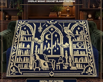 Enchanted Library Overlay Mosaic Crochet Blanket Pattern: Gothic Bookish Two-Colour PDF