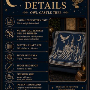 May include: A digital PDF pattern for an owl castle tree blanket. The dark blue and cream design features a castle, a flying owl with a letter, and a crescent moon. The text includes important details, pattern chart size of 240 stitches by 193 rows.