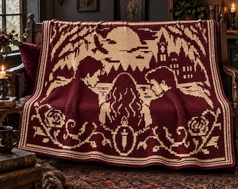 Moonlit Bloodline Oath Overlay Mosaic Crochet Blanket Pattern, Fantasy Woman Castle Roses, Two-Colour PDF