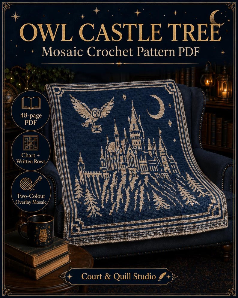 May include: A dark blue and cream mosaic crochet blanket featuring a castle, an owl, and a crescent moon. The text reads OWL CASTLE TREE, Mosaic Crochet Pattern PDF, 48-page PDF, Chart + Written Rows, Two-Colour Overlay Mosaic, and Court & Quill Studio.