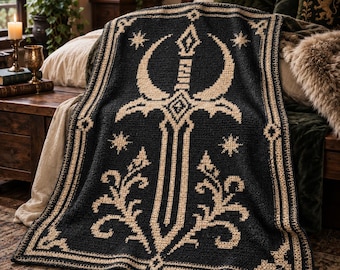 Fantasy Sword Mosaic Crochet Pattern | Celestial Crescent Blanket | Gothic Romantasy Crochet Chart | Digital Download