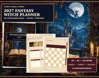 2027 Medieval Fantasy Witch Planner | Hyperlinked Grimoire, Manifestation Journal, Moon, Tarot, Quests & Trackers