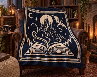 Bookish Dragon Castle Overlay Mosaic Crochet Blanket Pattern, Two-Colour PDF