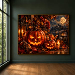 Halloween Wall Art Print, Black Cat and Pumpkin Witch Decor, Gothic Spooky Canvas for Autumn Home Decor, gothic wall art