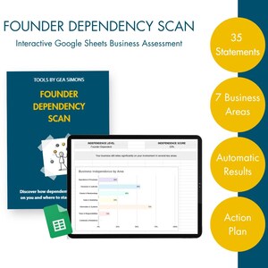 Peut inclure: Outil d'évaluation d'entreprise Founder Dependency Scan sur Google Sheets. Comprend 35 énoncés, 7 domaines d'activité, des résultats automatiques et un plan d'action. Inclut un guide numérique, une couverture de document et une tablette.