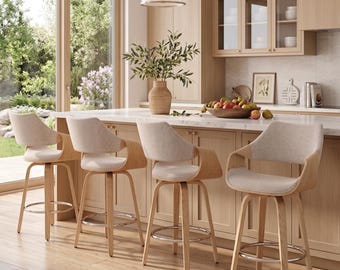 Modern Barrel Swivel Counter Stools Set of 4, 26 Inch Upholstered Bar Chairs with Back, Kitchen Island Counter Height Seating
