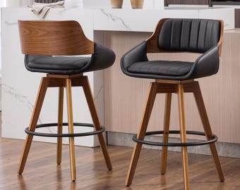 Swivel Bar Stools Set of 2, 26 Inch Counter Height Chairs with Arms, Walnut Bentwood PU Leather Bar Chairs, Mid Century Kitchen Seating