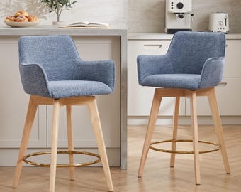 Bar Stools Set of 2, 26 Inch Counter Height Swivel Chairs with Back and Arms, Linen Upholstered Kitchen Island Stools, Wood Leg Bar Chairs