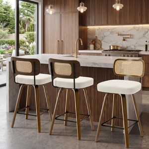 Swivel Bar Stools Set of 3, 26 Inch Counter Height Rattan Chairs, Cream PU Leather Walnut Barstools for Kitchen Island, Mid Century Seating