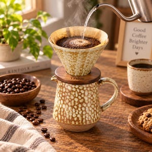 May include: A ceramic pour-over coffee dripper with a speckled tan and white pattern sits atop a matching ceramic pitcher featuring a wooden lid engraved with the name Taylor. Hot water is being poured from a metal kettle into the coffee grounds.