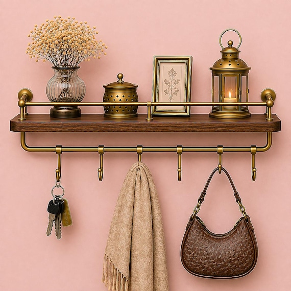 Antique Brass Wall Shelf with Hooks, Rustic Floating Organizer, Entryway Key Holder, Towel Rack