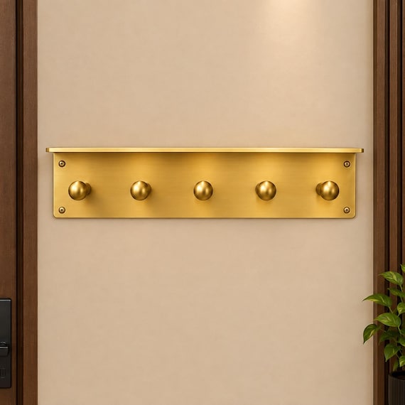 Solid Brass Wall Mounted Coat Rack, 5 Hook Entryway Organizer, Vintage Gold Wall Hooks, Decorative Towel Rack, Bathroom & Bedroom Hanger