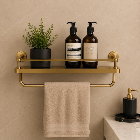 Wall-Mounted Brass Towel Rack with Shelf, Modern Luxury Bathroom Organizer