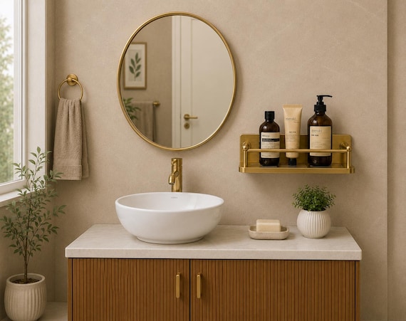 Handmade Brass Bathroom Shelf with Towel Holder, Modern Vanity Storage