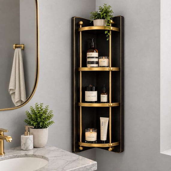 Luxury Brass Bathroom Wall Shelf: 3-Tier Modern Gold Organizer (Dark Interior)