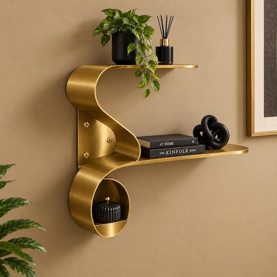 Modern Gold S-Shaped Wall Shelf, Luxury Metal Display, Decorative Storage (60cm)