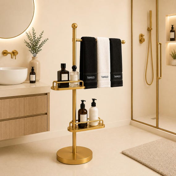 Freestanding Brass Towel Rack with Shelves, Bathroom Organizer Stand