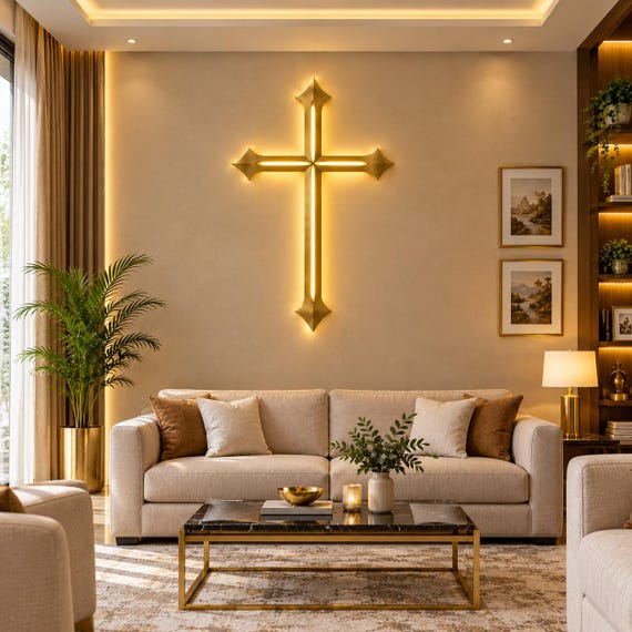 Luxury Gold Illuminated Cross Wall Decor, Modern Christian Art (LED)