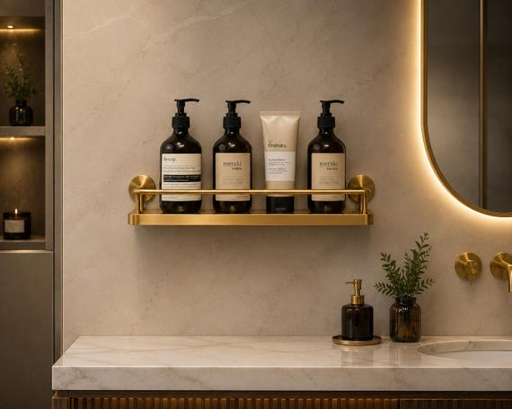 Luxury Brass Bathroom Wall Shelf | Gold Vanity Storage Rack (Hotel Style)