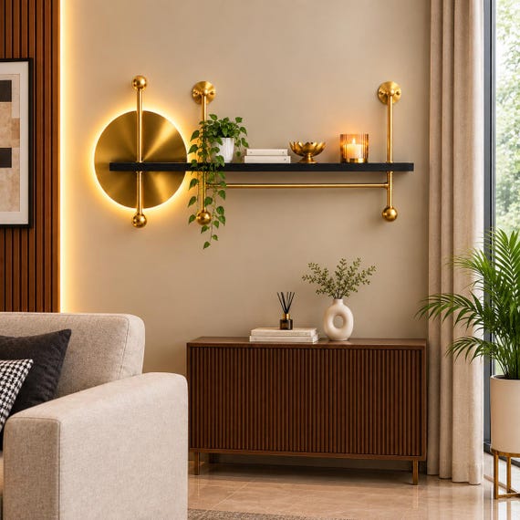 Modern Gold Wall Shelf, Luxury Floating Display, Sculptural Entryway Organizer